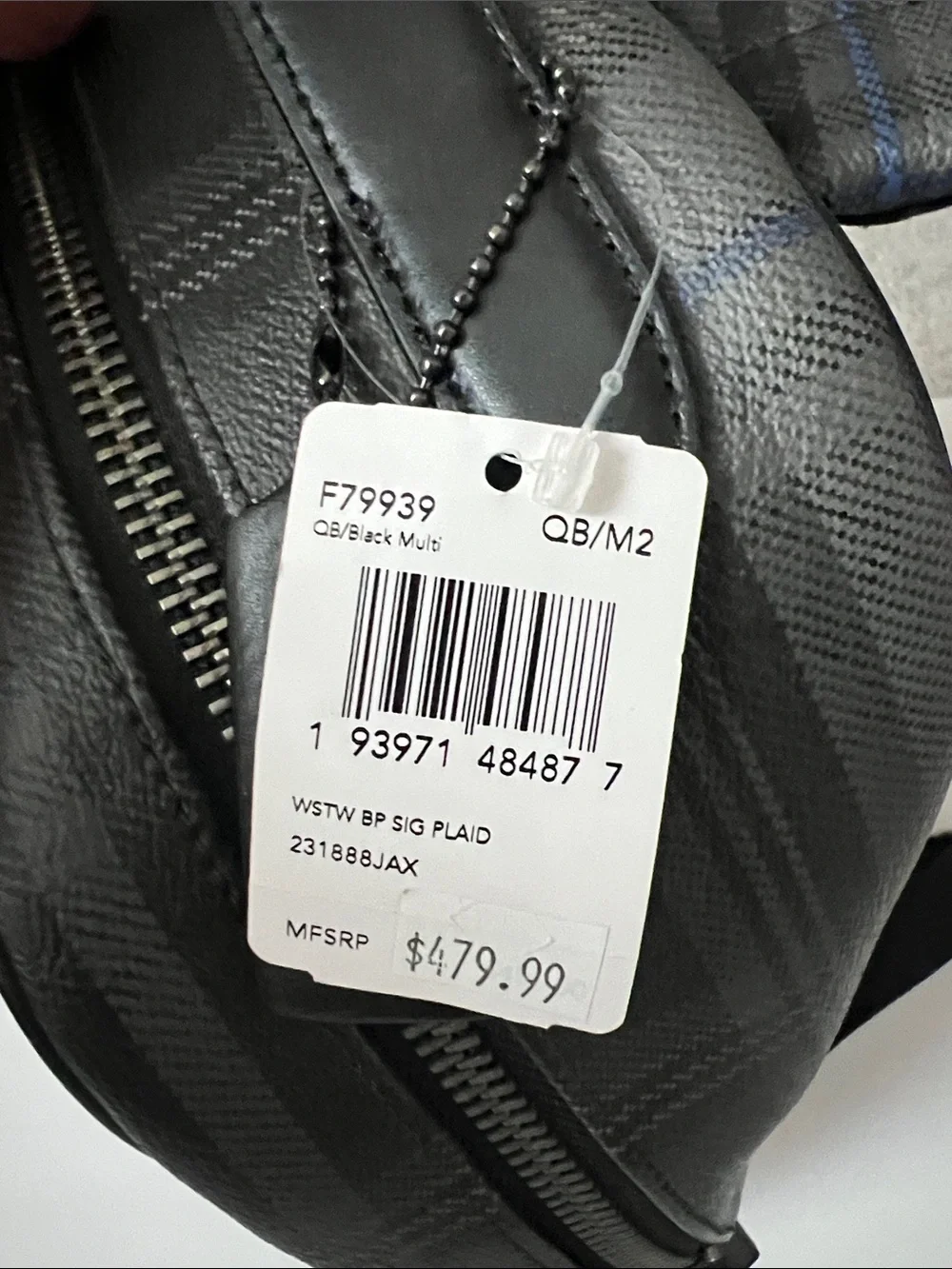 Coach Men's Black Plaid Leather & Canvas Backpack with Subtle Blue Accent